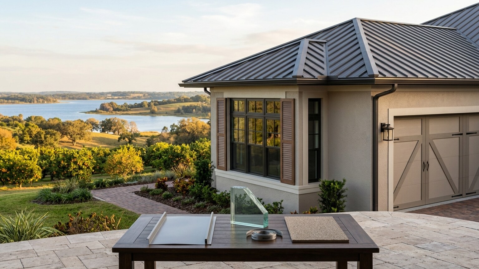 Lake County home overlooking lakes and citrus landscape with hurricane-hardening material samples.