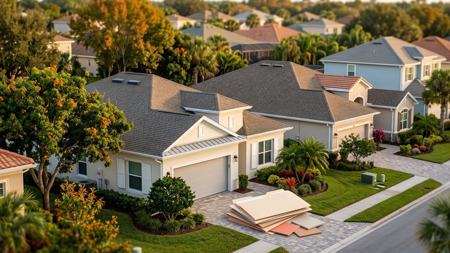Orange County neighborhood home scene with roof and window details for hurricane-hardening guidance.