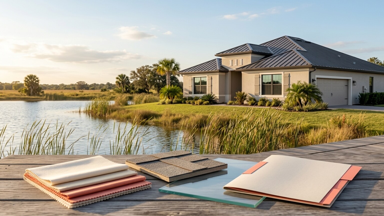Osceola County home near open water with roof, window, and project materials for hurricane-hardening guidance.