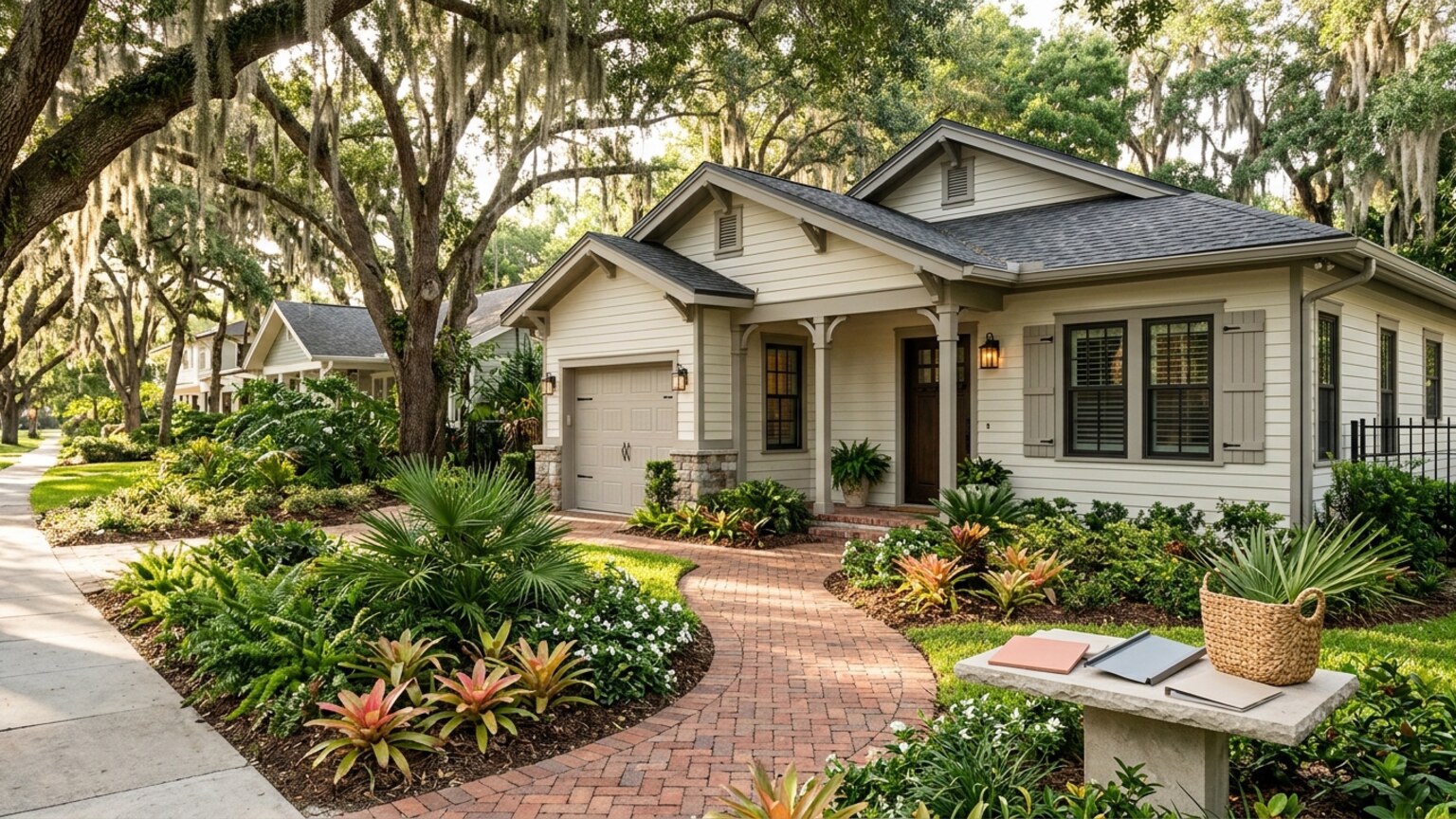 Winter Park bungalow under oak trees with storm-ready windows and local home guidance materials.