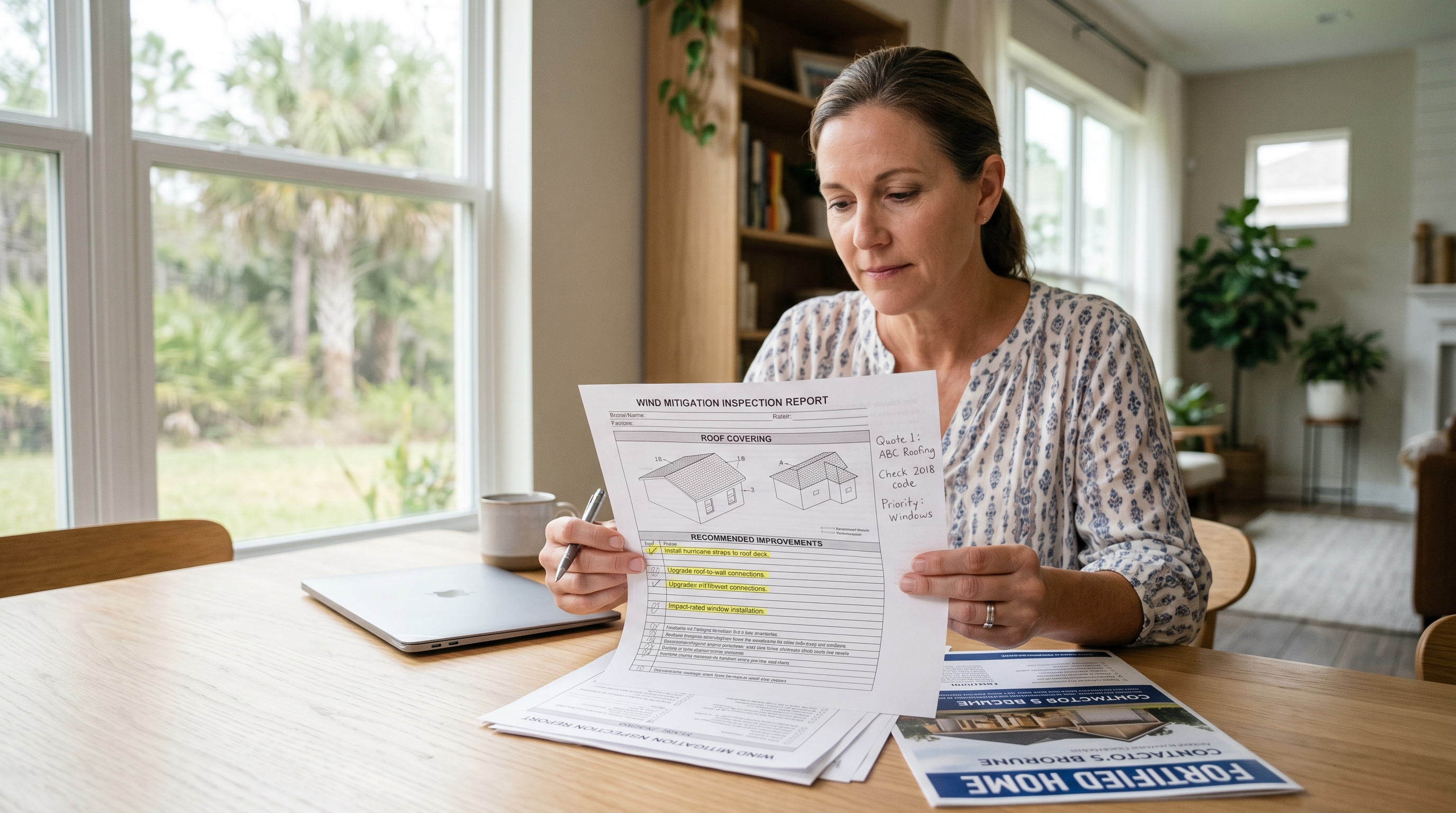 Homeowner reviewing a wind mitigation inspection report with highlighted recommended improvements and project notes.