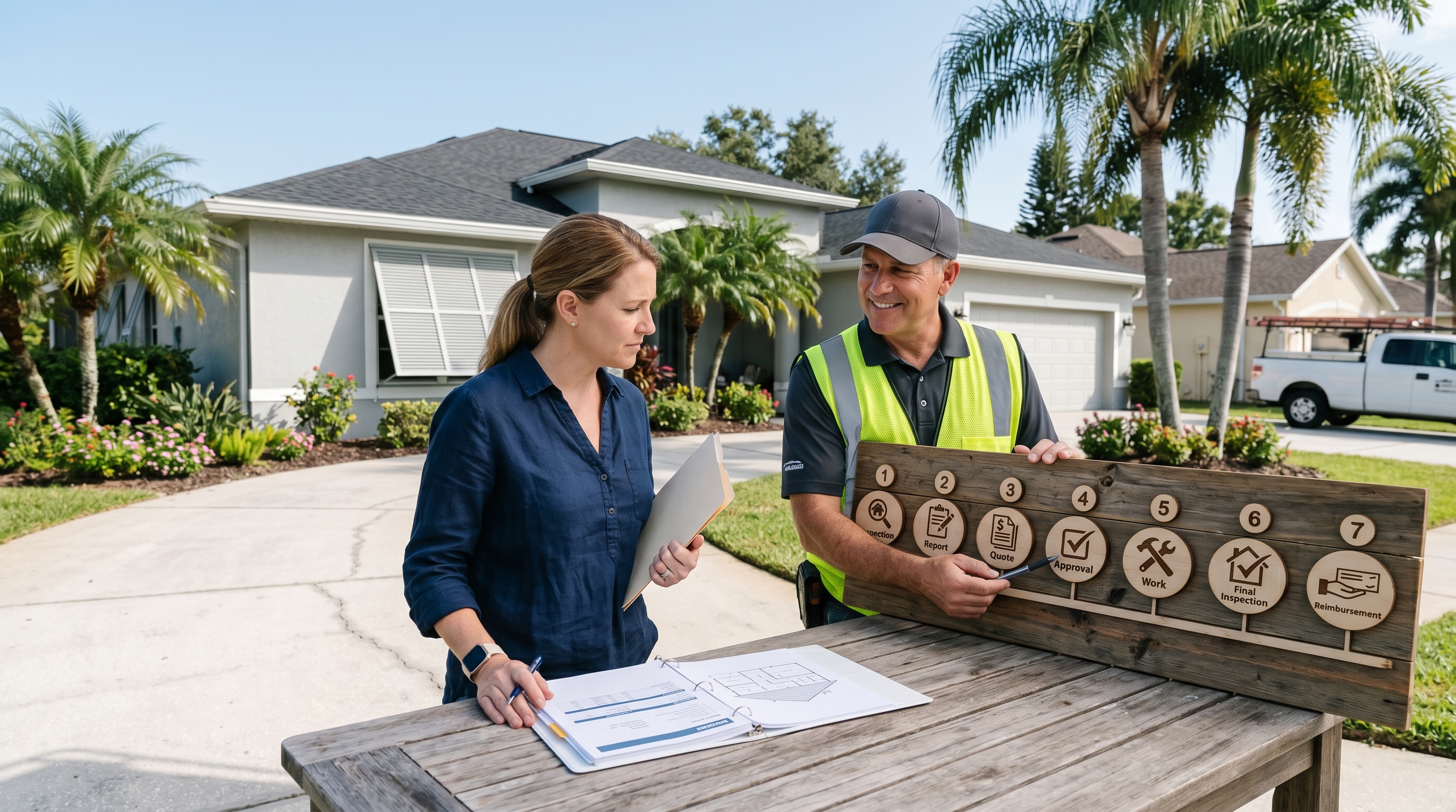 Stop-gate timeline showing inspection, report, quote, approval, work, final inspection, and reimbursement stages.