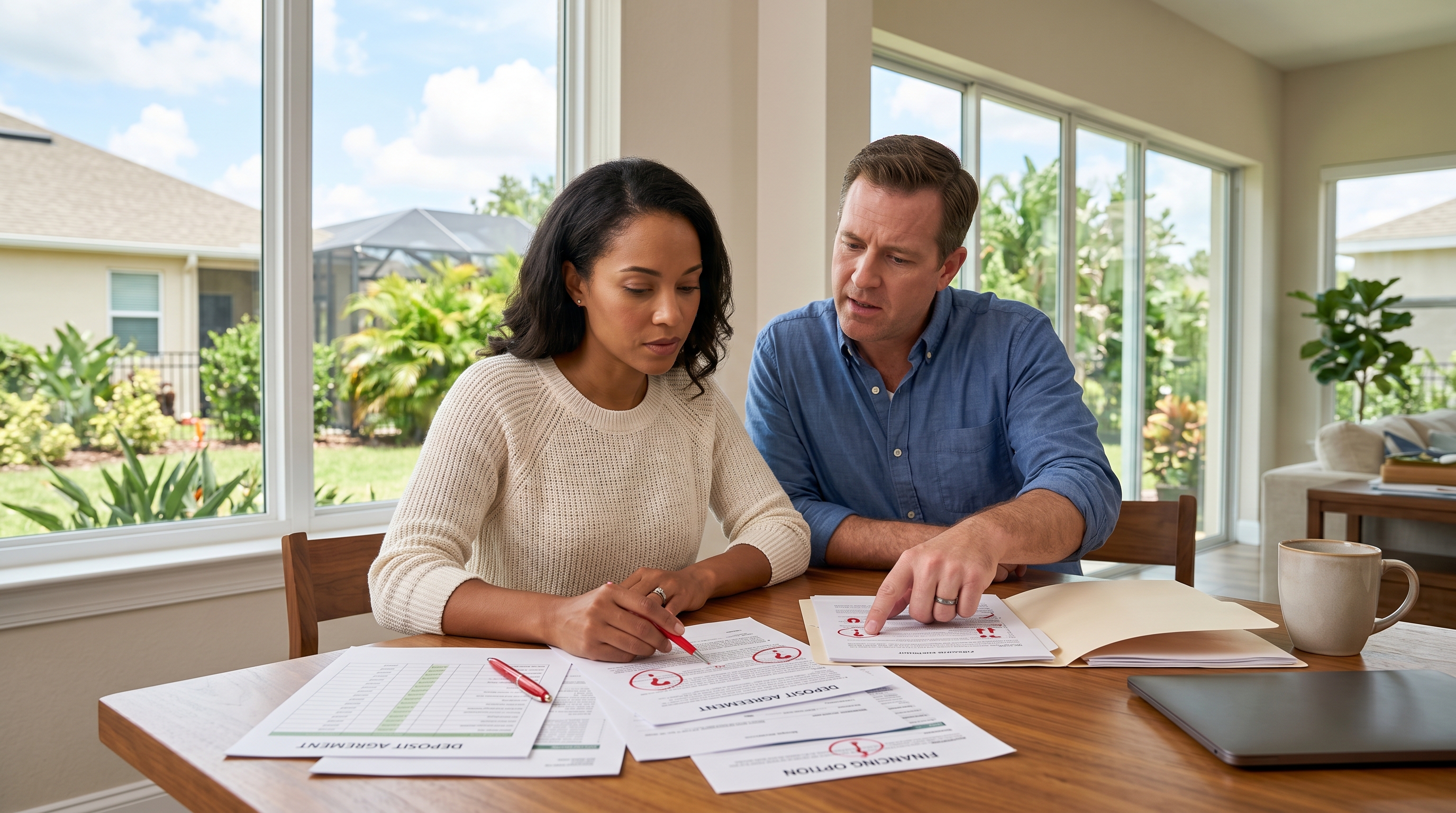 Homeowner reviewing storm-upgrade deposit terms, financing documents, and payment schedule with red flag markers.