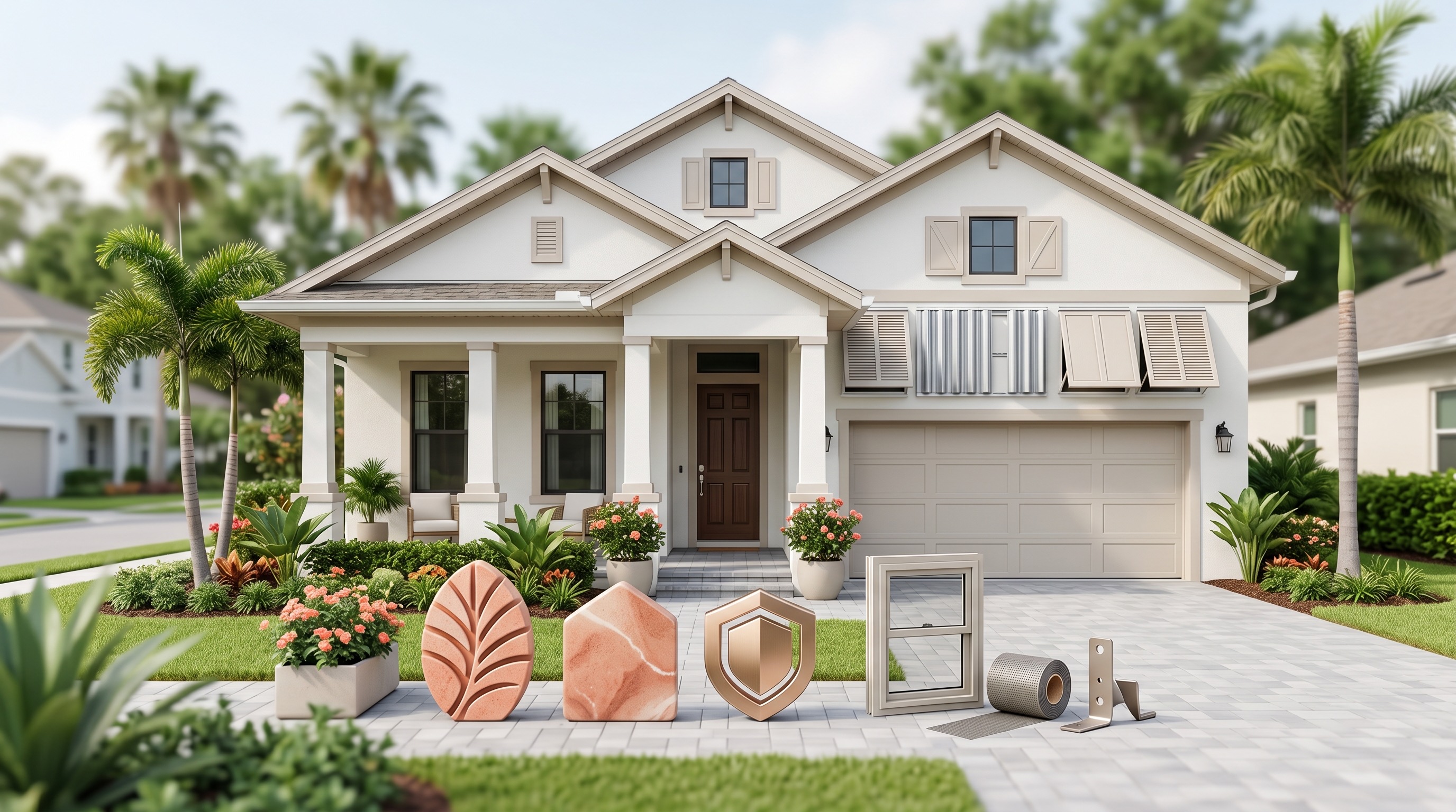 Orlando-area home exterior with hurricane-hardening checklist objects for eligibility review