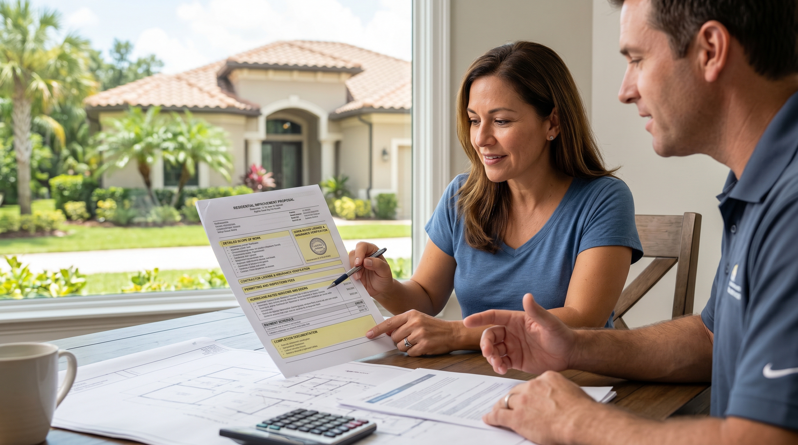 Contractor quote document with highlighted grant-ready fields including scope, license, permit, product, payment, and completion documents.
