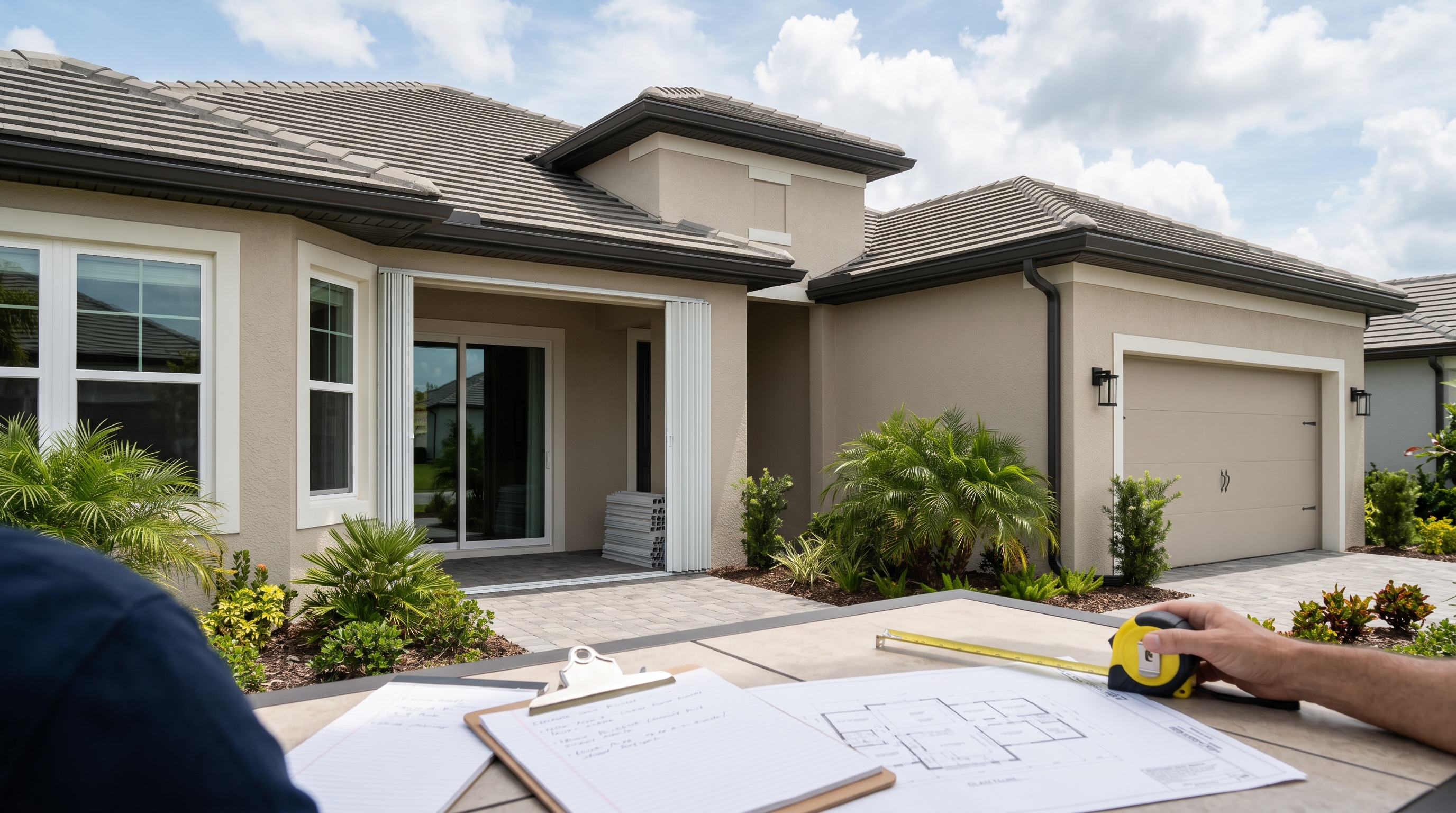 Florida home exterior showing windows, sliding doors, shutters, and garage door opening protection areas.