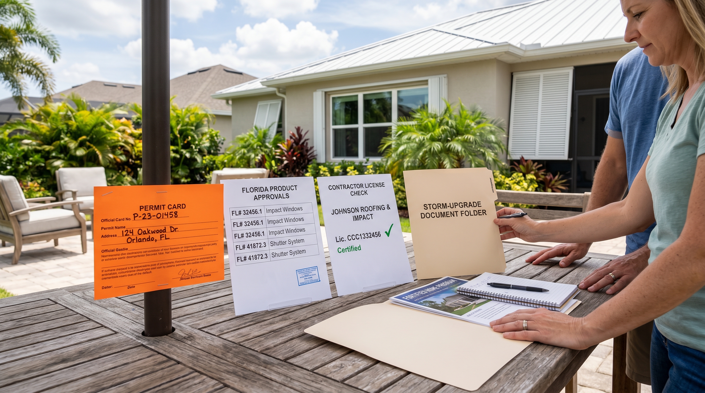 Permit card, Florida product approval number, contractor license check, and storm-upgrade document folder.