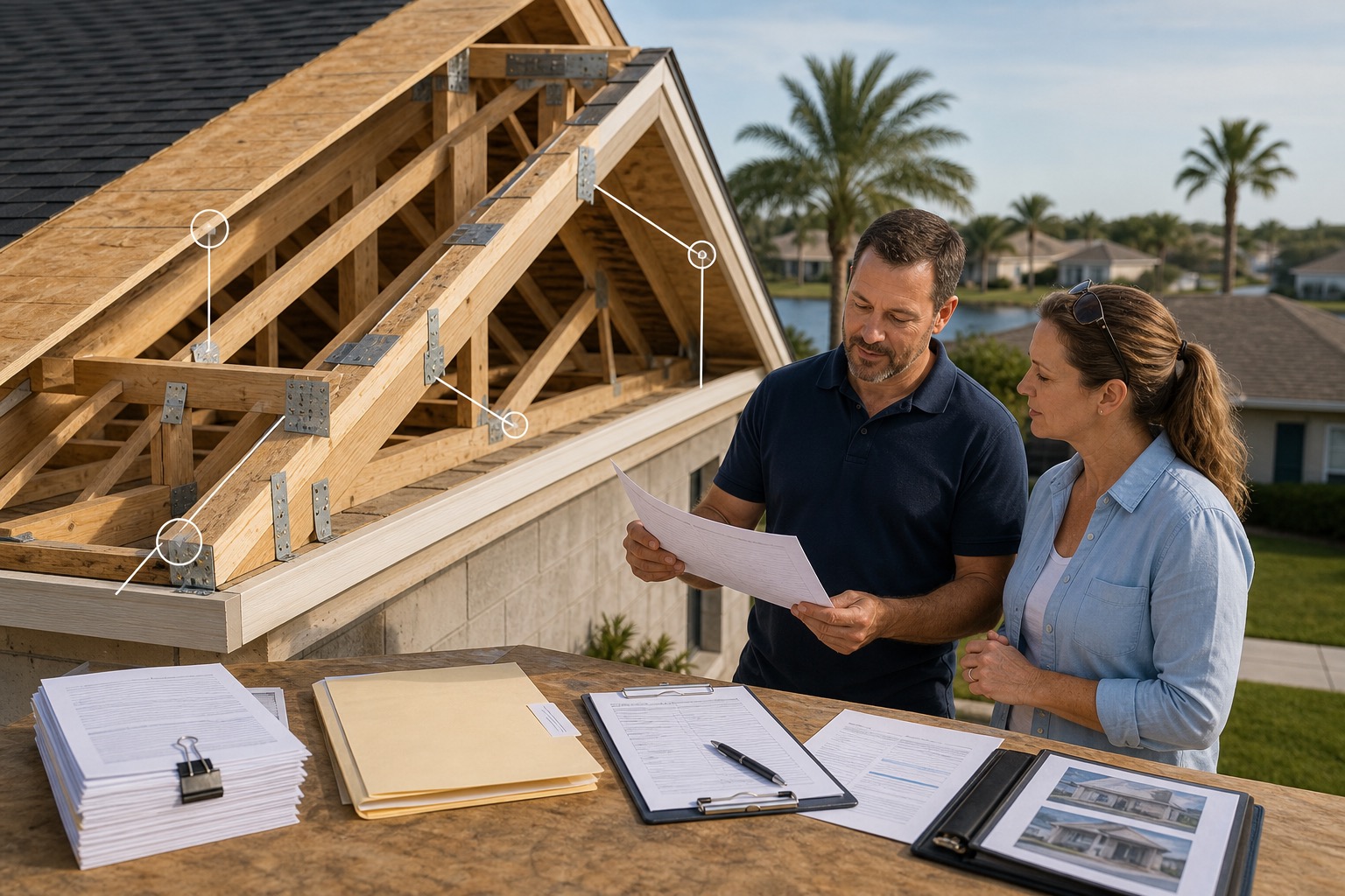 Roof deck and framing diagram with fastener and documentation notes for homeowner storm-hardening decisions.