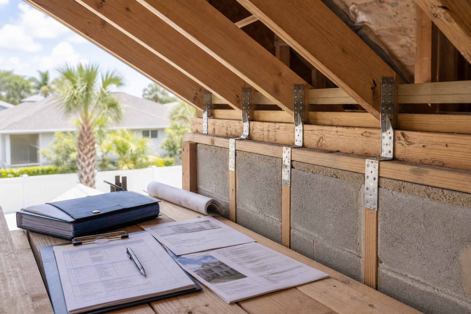 Attic framing detail showing roof-to-wall connection points with homeowner-friendly labels and project notes.