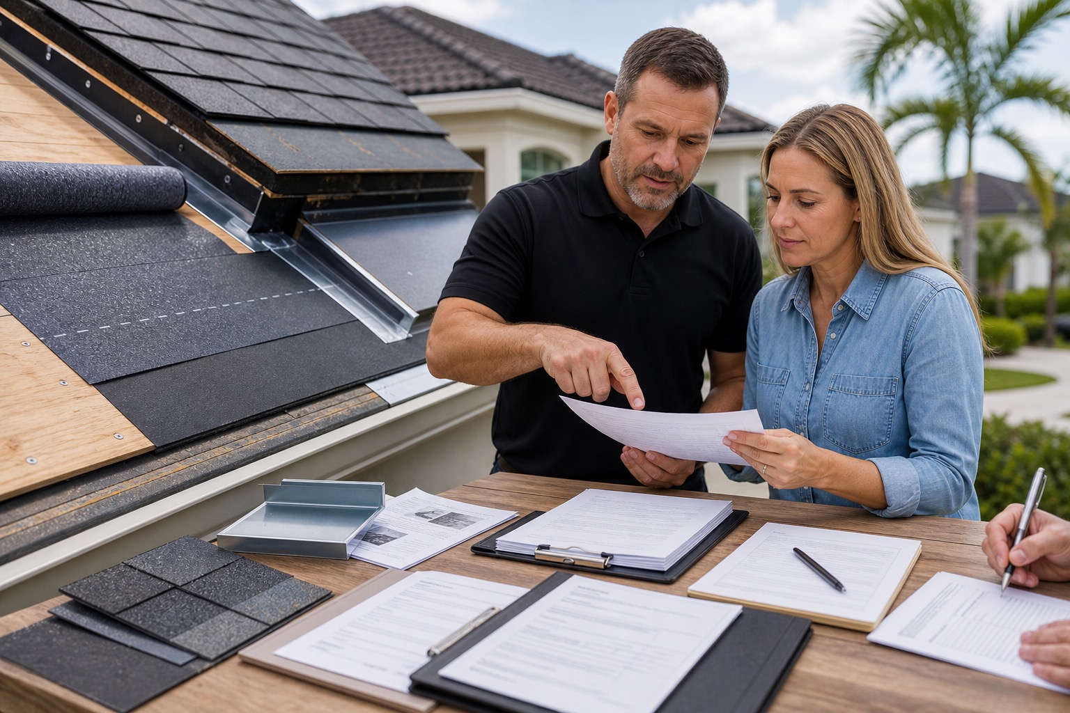 Roof underlayment and water-resistance layer illustration with homeowner checklist notes.