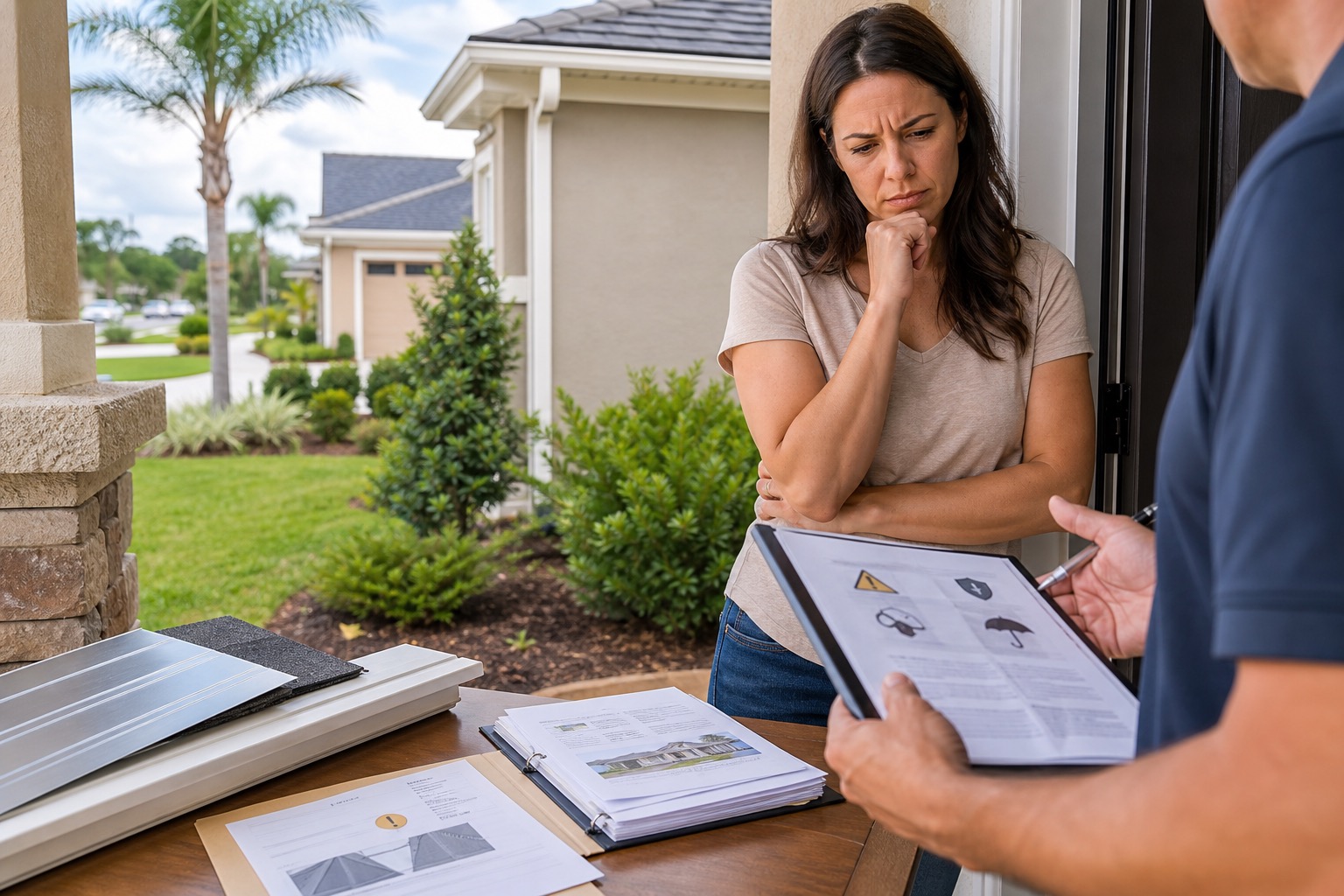 Homeowner at front door reviewing storm-upgrade paperwork with warning icons for pressure tactics and vague promises.